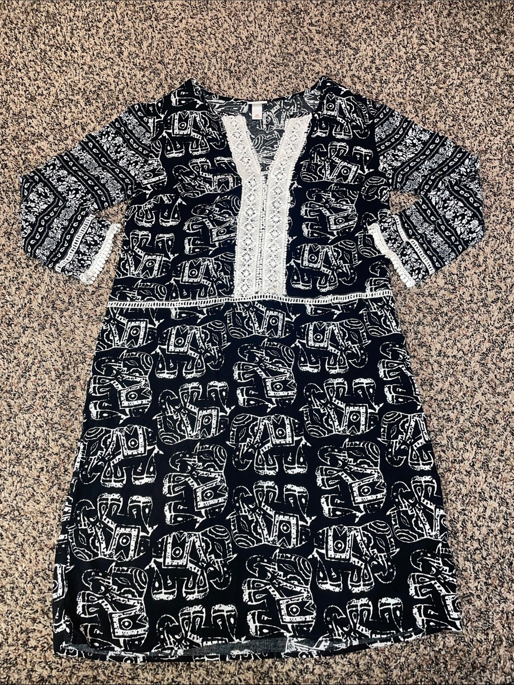 Merona Bohemian Black And White Tunic Mini Dress 3/4 Sleeve XS EUC